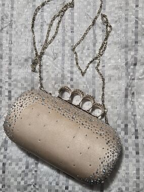 Charming Charlie Champagne Rhinestone Knuckle-Handle Clutch with Gold Chain